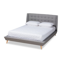 Baxton Studio CF9061-Light Grey-King Naya Mid-Century Modern Grey Fabric Upholstered King Size Wingback Platform Bed
